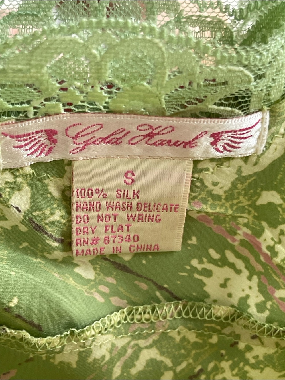 Gold Hawk NWOT 100% Silk Tarragon Green Print Lace Trim Slip Midi Dress - Picture 3 of 7